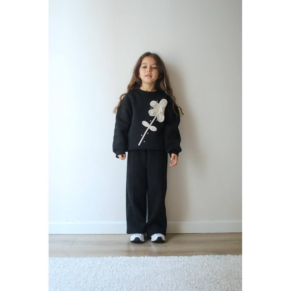 KIZ ÇOCUK SİYAH ÇİÇEKLİ  ŞARDONLU TAKIM